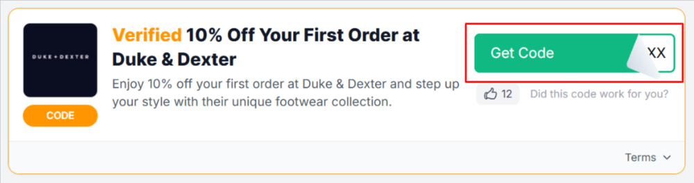 A Duke & Dexter voucher code with "Get Code" in a red box.