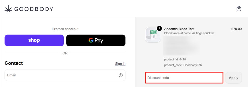 The Goodbody Clinic checkout page with where to paste the Goodbody Clinic voucher code in a red box