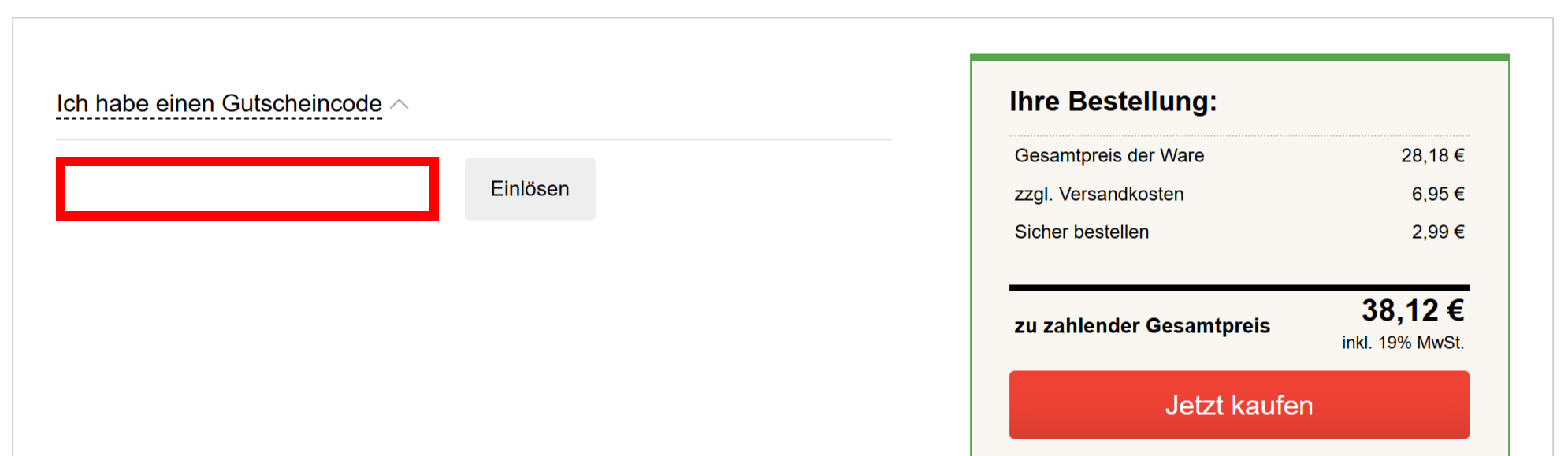 Teil des Bestellverlaufs von pkwteile mit einem rotmarkiertem Eingabefeld