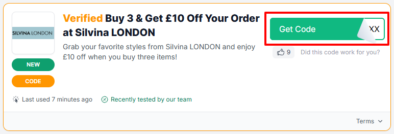 A Silvina LONDON voucher code with "Get Code" in red box.