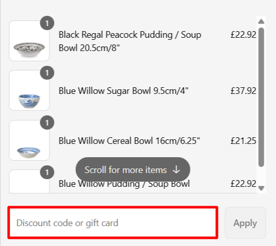 The checkout page showing where to apply your Burleigh voucher code