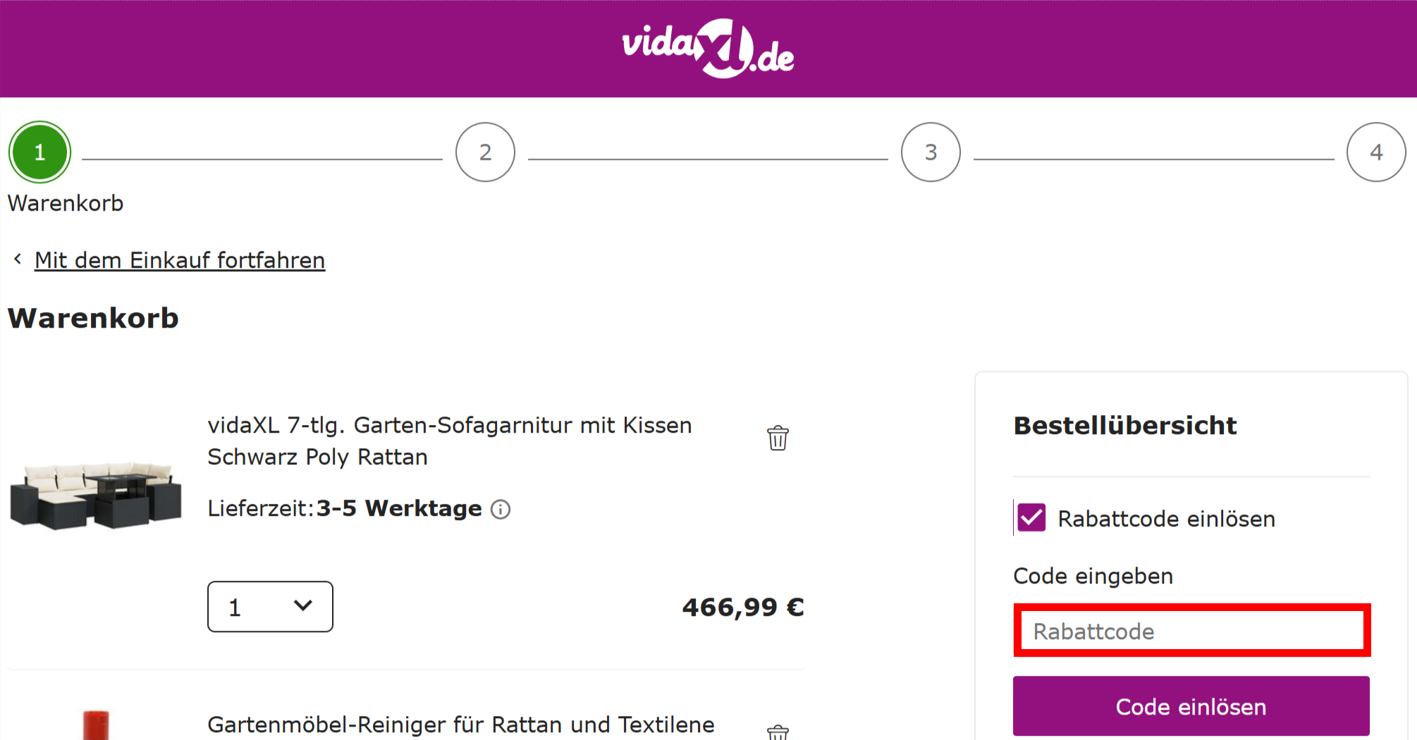 Warenkorb von vidaXL mit einem rotmarkiertem Eingabefeld