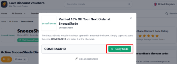 copy a SnoozeShade voucher code