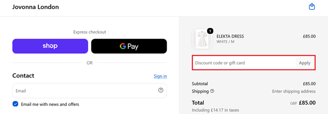 image showing the Jovonna checkout page