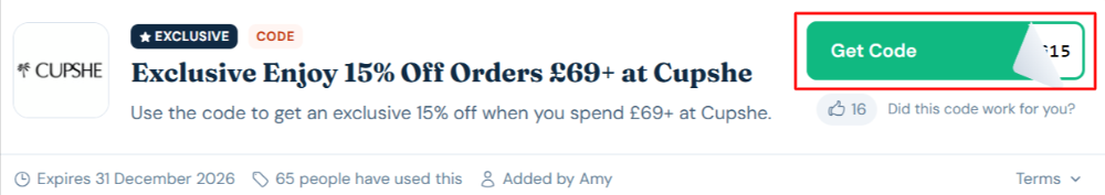 A Cupshe discount code with "Get Code" in a red box 