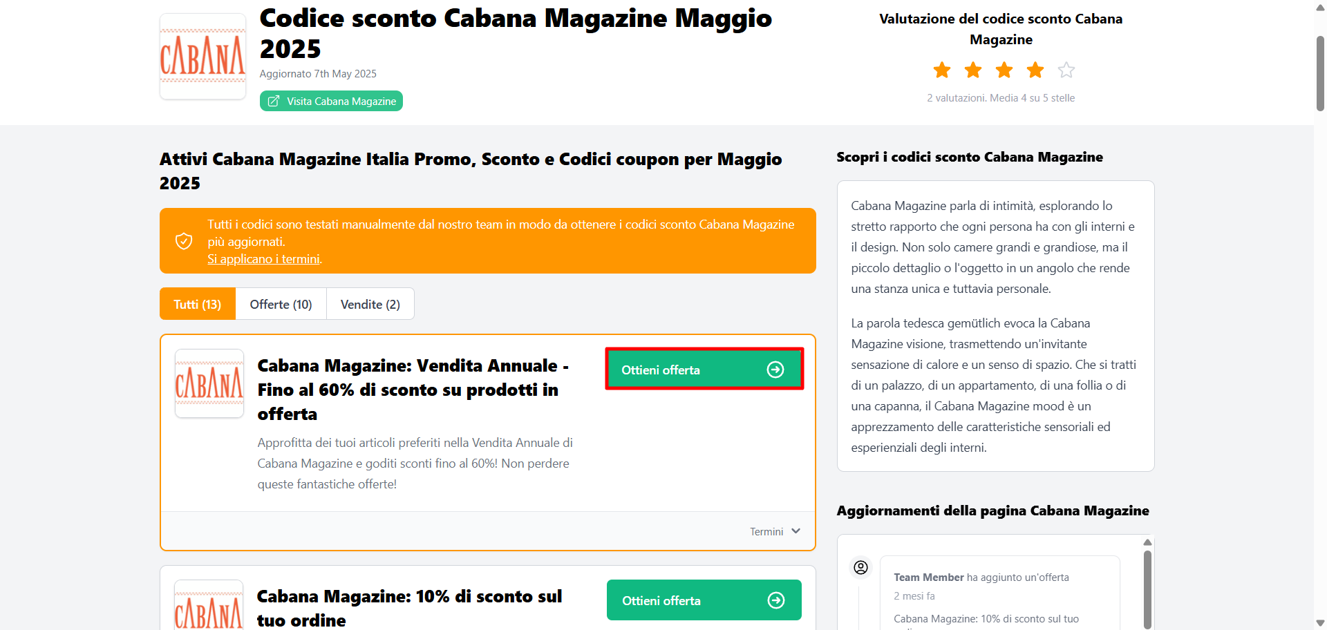 offerta Cabana Magazine da poter utilizzare sul sito ufficiale per risparmiare, oltre ai vari codici sconto Cabana Magazine