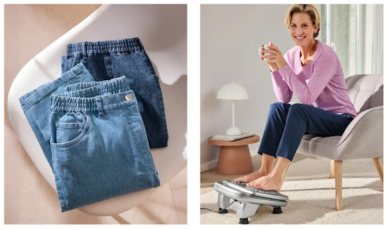 Zwei Jeans neben einer sitzenden Frau, die ihre Füße auf einem Gerät platziert hat