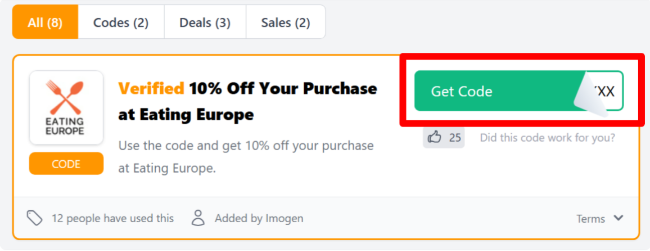 Eating Europe code behind the blue button on Love Discount Vouchers