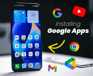 Huawei smartphone displaying Google apps around it