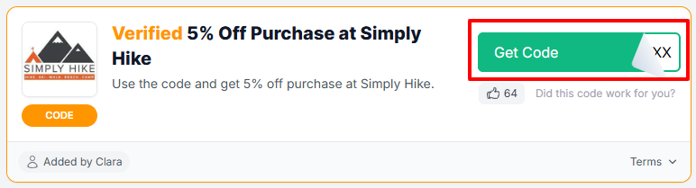 A Simply Hike voucher code with "Get Code" in a red box.