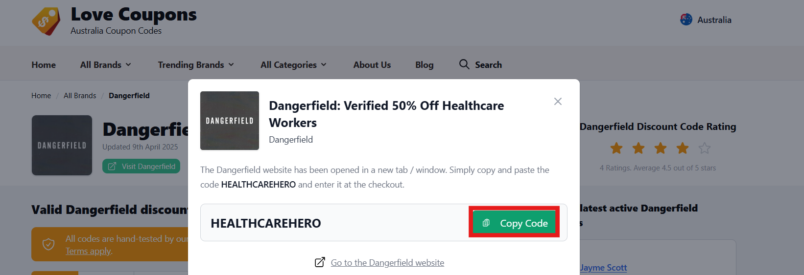 Dangerfield page on Love Coupons where to copy your code