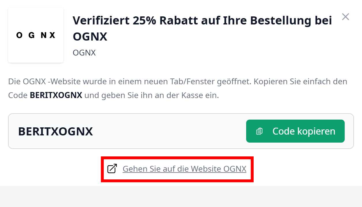 Ein rotmarkierter Link mit einem offenen Gutscheincode für OGNX oberhalb