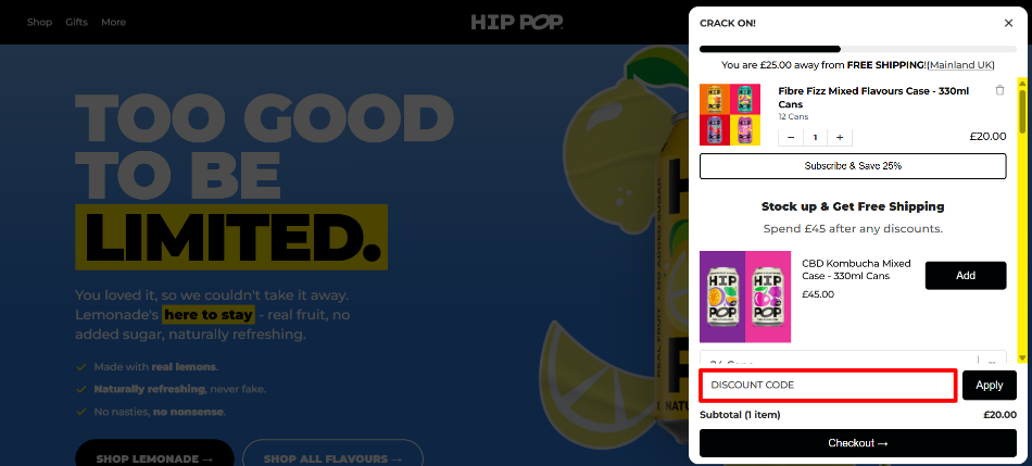 The HIP POP Order Summary page with the discount code box highlighted with a red box