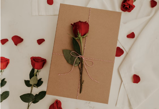 Red rose petals on a brown envelope and white background