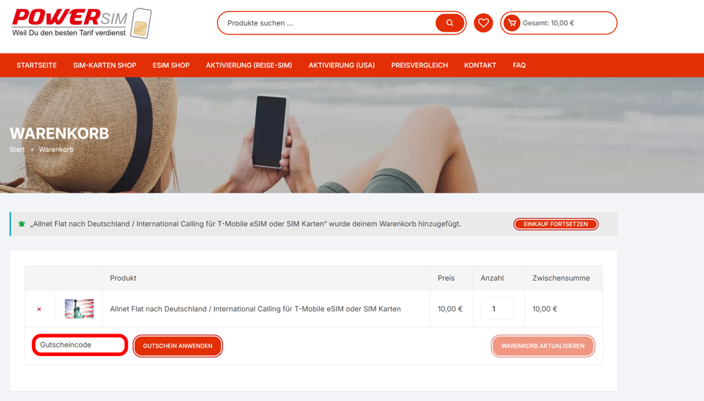 Warenkorb von Power Sim Store mit rotmarkiertem Eingabefeld für Gutscheincodes