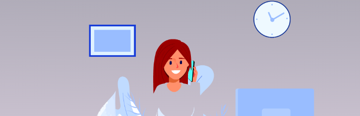 A woman on the phone talking to someone with a grey background