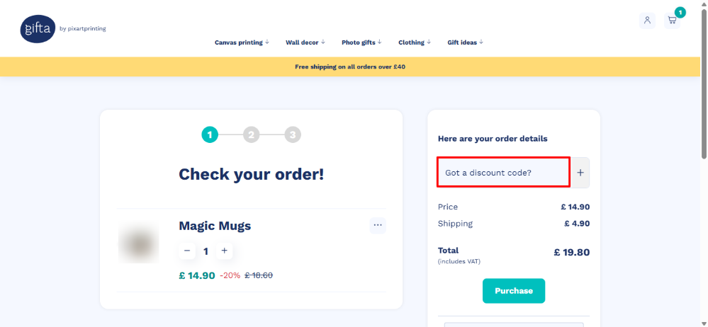 Gifta discount code box shown by a red box during checkout