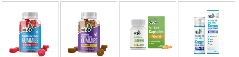 CBDfx CBD gummies mixed berry and chamomile flavour, CBD capsules, and muscle and joint cream products displayed in packaging
