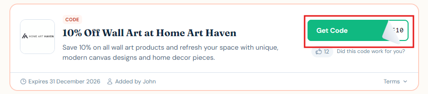 Get code in a rectangle box - an offer is also displayed