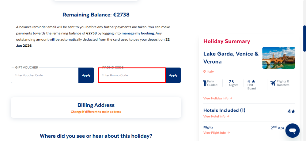Payment page at Travel Department where you can apply your Travel Department promo code