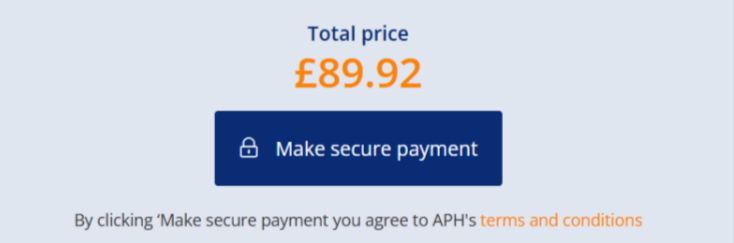 The payment methods showing on the APH payment page