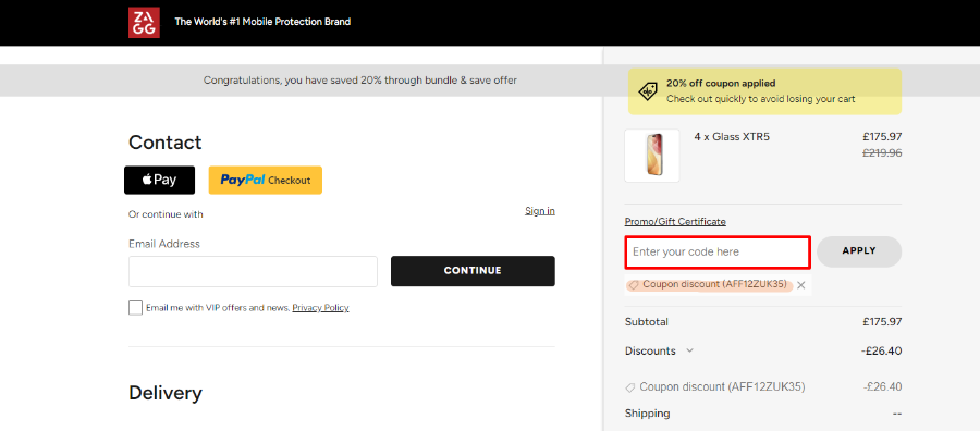 ZAGG checkout image displaying where to enter the code
