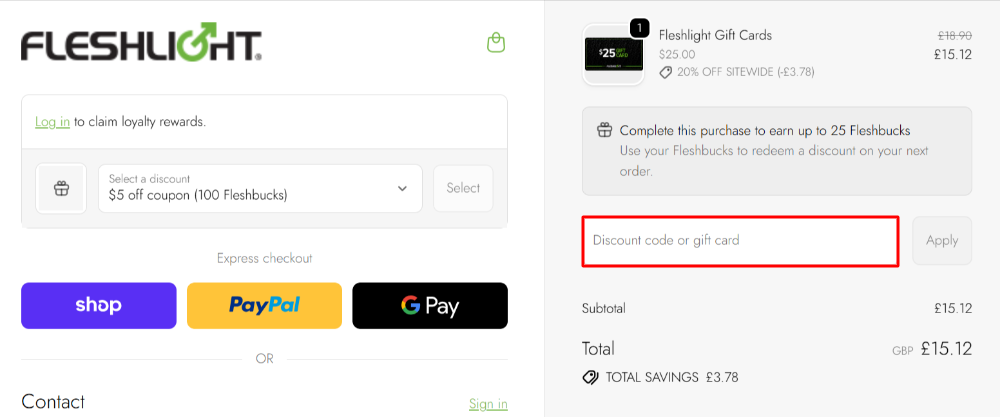 The FLESHLIGHT checkout page with where to paste the FLESHLIGHT voucher code in a red box