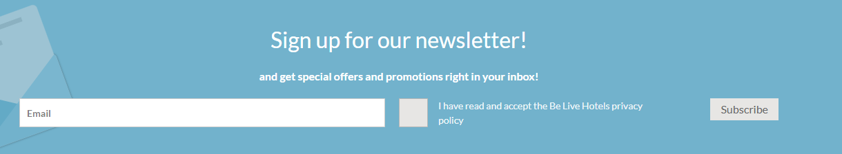 The Be Live Hotels newsletter signup page.