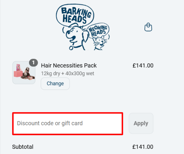 The checkout page showing where to apply your Barkings Heads & Meowing Heads voucher code