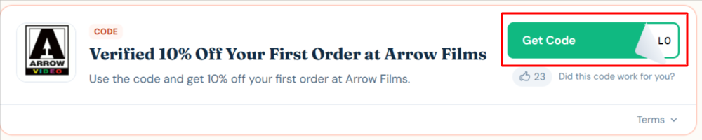 A Arrow Films voucher code with where "Get Code" in a red box