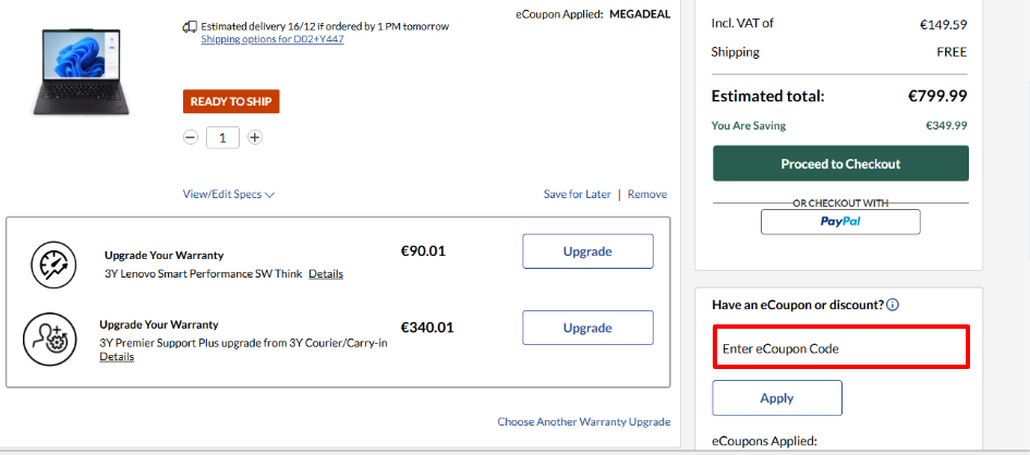 Lenovo discount code place highlighted by a red box