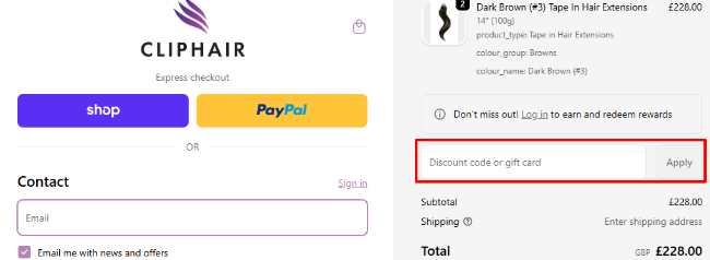 A box where you can add your Cliphair promo code to redeem it