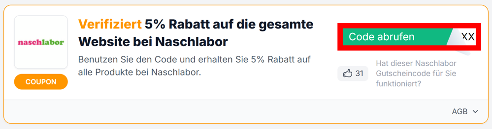 Angaben zu einem Rabattcode von Naschlabor mit rotmarkiertem grünen Button
