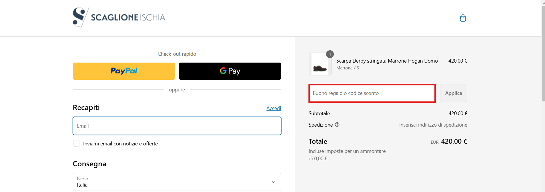 carrello virtuale del sito ScaglioneIschia in cui inserire il codice sconto ScaglioneIschia