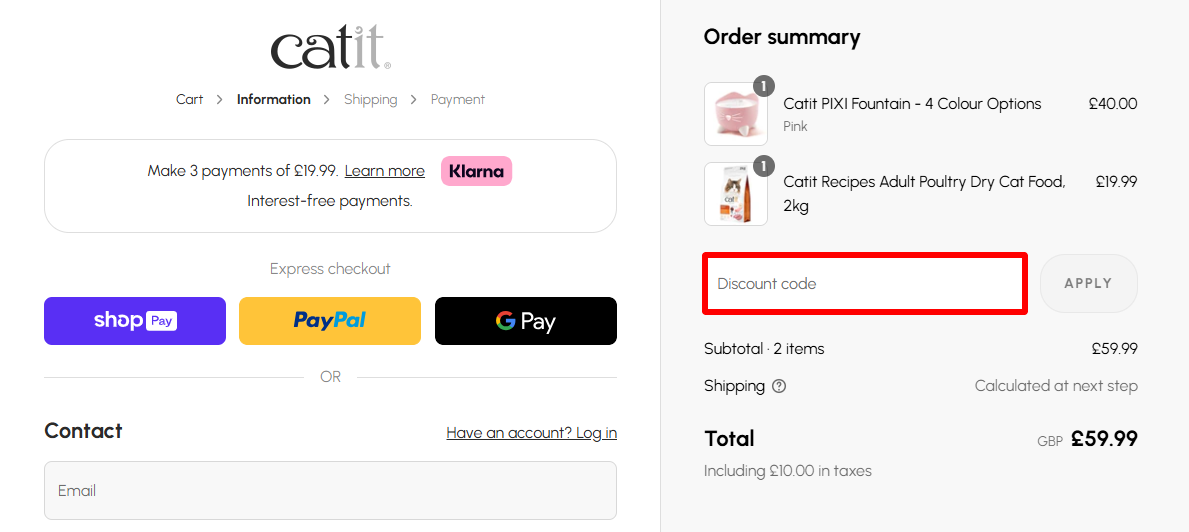 The Catit checkout page with where to paste the Catit voucher code highlighted in a red box.