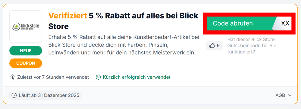 Angaben zu einem Rabattcode von Blick Store mit rotmarkierten grünen Button