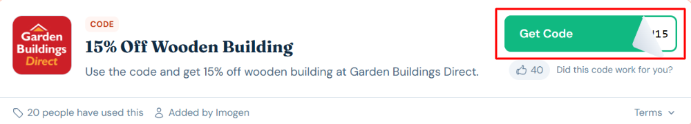 A Garden Buildings Direct discount code with "Get Code" in a red box