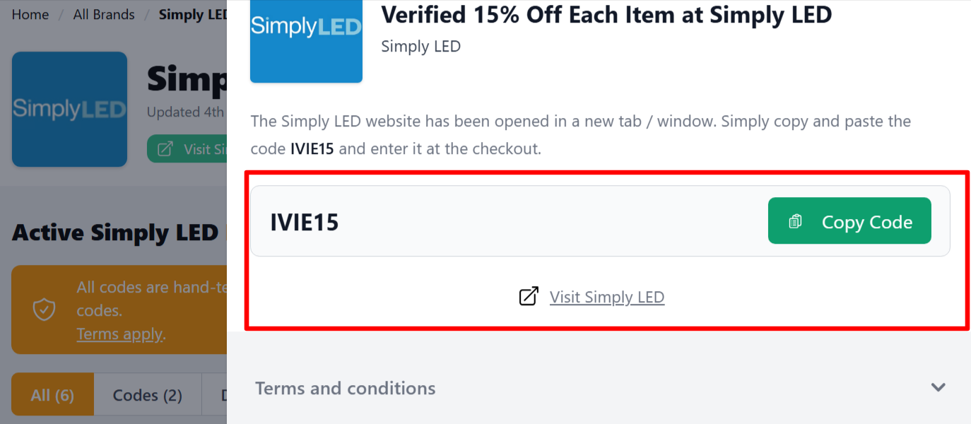 A Simply LED discount code on an onscreen page on our site