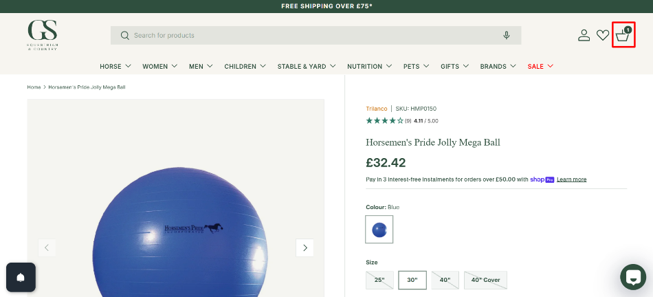 A GS Equestrian product description page with the basket button highlighted with a red box