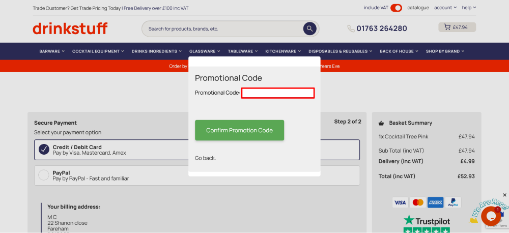 Drinkstuff checkou page where you paste the discount code