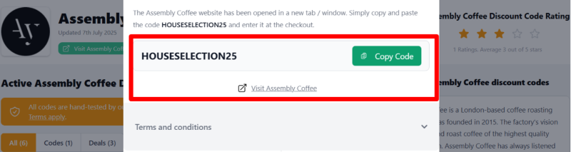 The highlighted red box shows the link to the Assembly Coffee website.