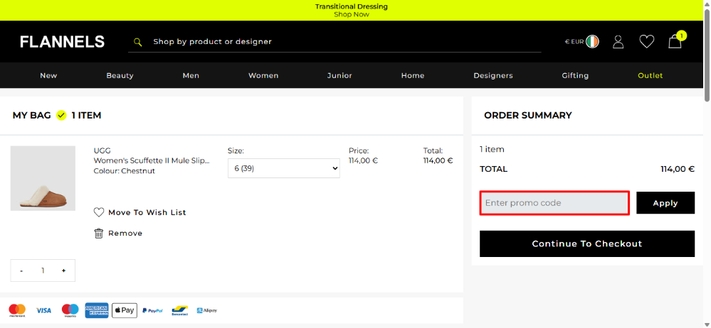 FLANNELS shopping bag where you can apply your FLANNELS discount code