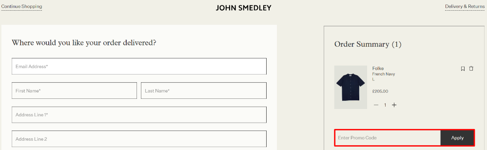 Applying a JOHN SMEDLEY promo code in the discount code box highlighted with a red box