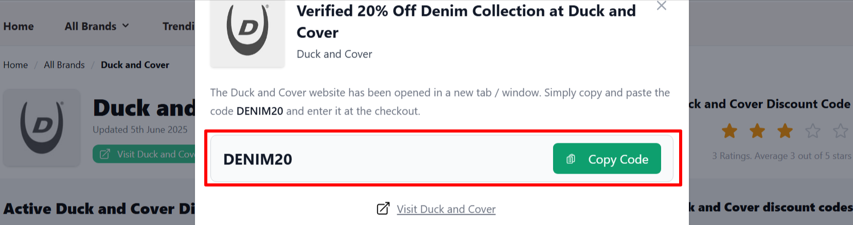 A Duck and Cover voucher code on an onscreen page on our site