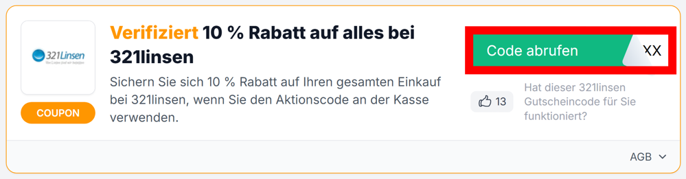 Angaben zu einem Gutschein für 321linsen mit einem rotmarkiertem grünen Button