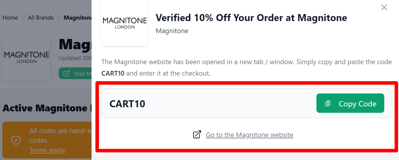 coupon code button with the code beside it for customers to use