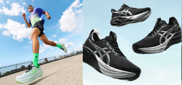 clc ASICS running shoes with one worn by a male model