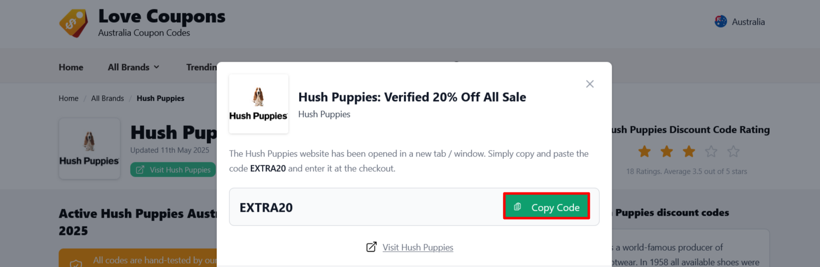 Where to copy your code is on the Hush Puppies page on Love Coupons