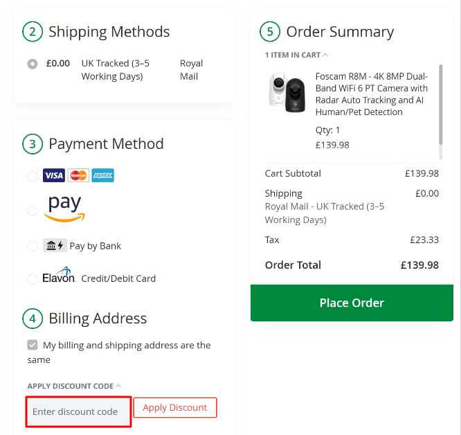 The FOSCAM checkout page with where to paste the FOSCAM voucher code in a red box