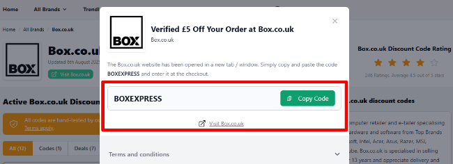 The highlighted red box shows the link to the Box.co.uk website for shopping.